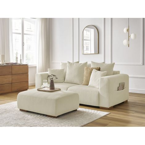 BOBOCHIC - Canapé droit fixe 2 places SIDONIE velours côtelé avec pouf Beige (1/5)