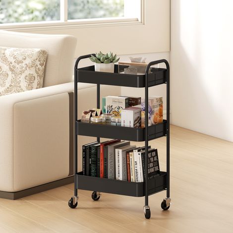 Servierwagen aus Stahl mit Stauraum, fahrbar, 3 perforierte Ablagen, 45 x 30,6 x 79 cm, schwarz