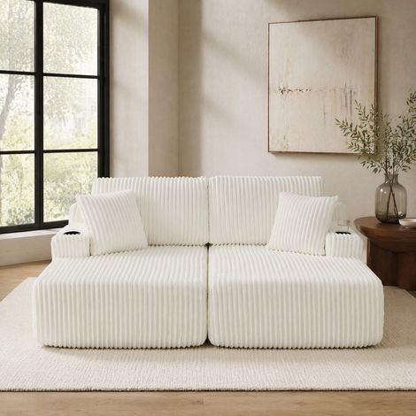 Divano letto relax 2 posti in velluto a coste beige OKWISH (1/5)