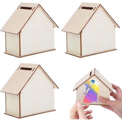 Lot de 3 tirelires en bois à monter soi-même - Tirelire en forme de cochon - Couleur bois - Décoration de bureau - Produit non fini, à assembler (1/5)