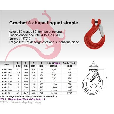 Crochet à chape linguet de sécurité pour chaîne D10mm – Charge maximale 3,15T – Acier allié classe 80 – Poids 0,95kg – Id Mat