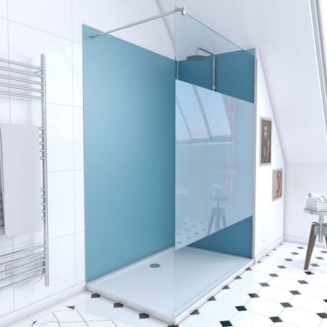 pack douche a l'italienne 90x120 - kit panneaux muraux bleu/chrome + receveur + paroi depolie 8 mm (1/4)