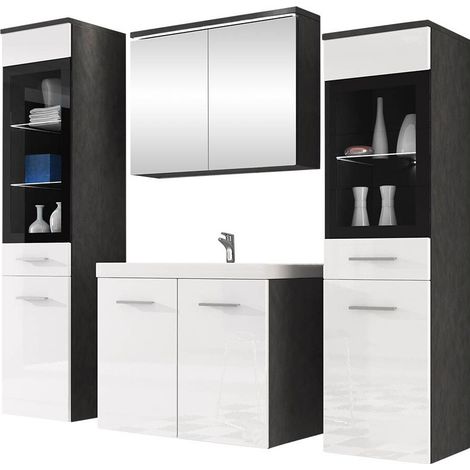 Conjunto de mueble de baño Scientia III, Blanco brillante + Madera gris (1/5)