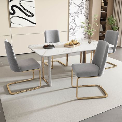 Lot de 6 chaises de salle à manger en velours gris, dossier matelassé motif losange, assise rembourrée, pieds métal doré, style moderne (1/5)