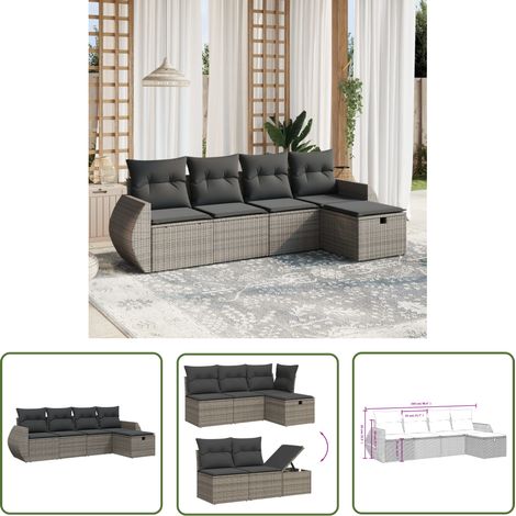 The Living Store Salon de jardin 5 pcs avec coussins gris résine tressée - Ensemble Salon De Jardin - Salon De Jardin Extérieur - Mobilier De Jardin - Canapé Jardin - Chaise Longue (1/4)