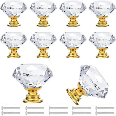 10 Pièces Bouton de Meuble Cristal, ransparente Poignées Boutons Poignée Meuble de Porte Dorée, Bouton de Tiroir en Verre Cristal, Bouton de Porte pour Placard Meuble Tiroir (1/5)