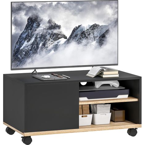 Meuble TV sur roulettes avec 2 Freins - 2 niches + Placard Porte 2 Passe-Fil - en bois Noir chêne Clair