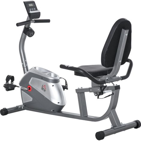 Vélo d'appartement recliné résistance magnétique 8 niveaux LCD pulsomètre volant d'inertie 3 kg portebouteilles selle ajustable 136x62.5x98 cm gris