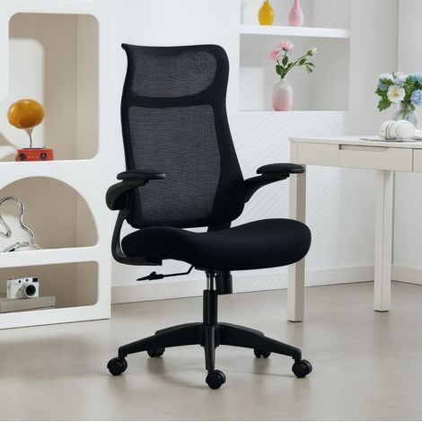 Chaise de bureau ergonomique 64x65x108-118 cm noire en plastique avec dossier en maille et accoudoirs 3D (1/3)