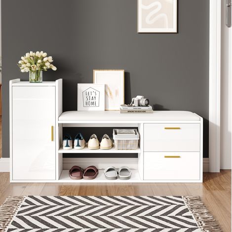 Mobile portascarpe con panca, 2 cassetti, 1 armadio, 128 x 30 x 68 cm, bianco DESVIAE (1/5)