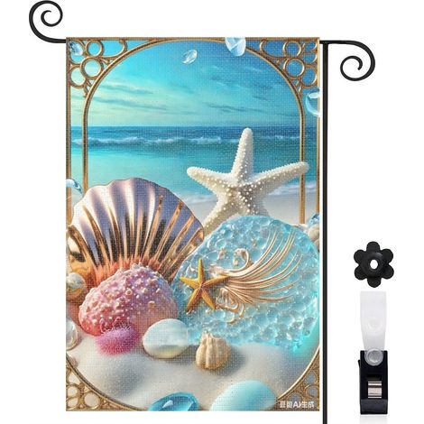 Drapeau de jardin décoratif 30 x 45 cm motif coquillages et plage tropicale toile double face (1/5)