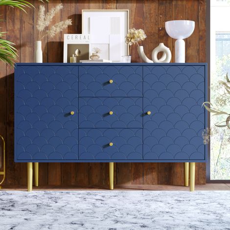 Meuble de rangement commode buffet équipé de deux portes, trois grands tiroirs et étagère modulable, finition bleu marine, grand volume de stockage pour salon et chambre, référence 905467AAB (1/5)