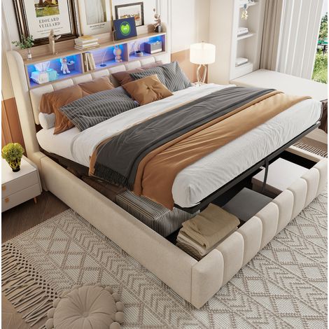 Lit coffre 180x200 cm beige en tissu aspect lin avec éclairage LED et ports USB (1/5)