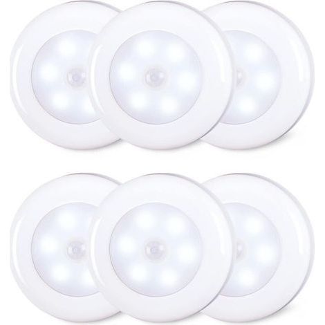 Confezione da 6 luci LED con sensore di movimento da 8 cm per interni, alimentate a batteria AAA, adesive per scale, sottopensili, armadi, bianco freddo (1/4)