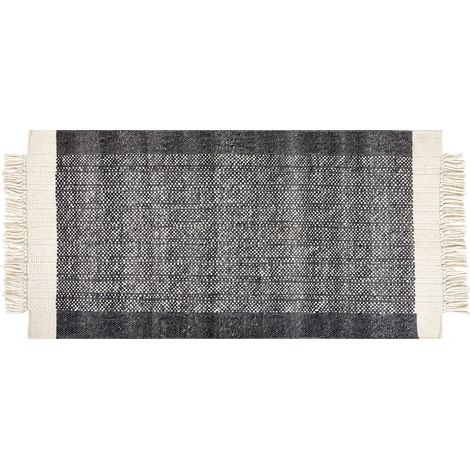 Alfombra de lana negro blanco crema 80 x 150 cm hecho a mano borlas Atlanti
