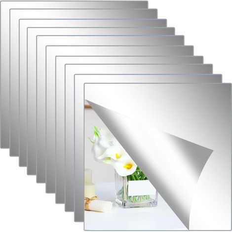 10 miroirs carrés muraux flexibles, argentés, 30 x 30 cm chacun, pour salles de bains, salles de sport, salons et chambres. Grande décoration murale. (1/5)