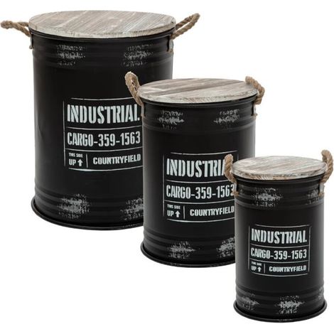 Atmosphera – Lot de 3 coffres bidon noir 51cm – Fer et sapin – Design rétro – Inscription "Industriel Congo" – Poids 7,15kg (1/4)