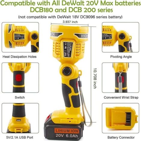 Faro da lavoro a LED portatile ricaricabile senza fili da 1120 lumen per cantieri edili, compatibile con fari da lavoro Dewalt da 14 V/18 V/20 V per officine e cantieri edili. (1/4)