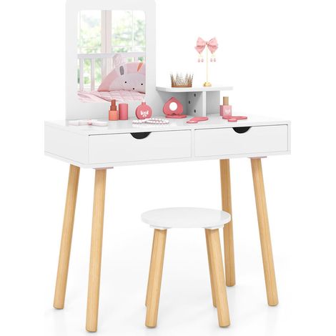 Espace de Jeu et Rangement Coiffeuse et Bureau Enfant en Bois de Pin avec Miroir Amovible et 2 Grands Tiroirs Blanc (1/5)