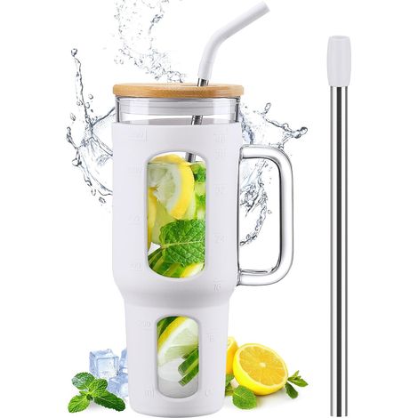 Gobelet 1,4 L avec Poignée, Couvercle Bambou & Pailles blanc