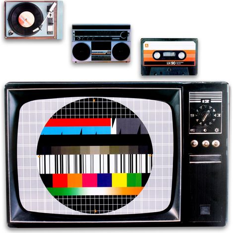 Lot de 4 Sets de Table en Plastique - Style rétro années 80 - Cassette, Image d'essai, Tourne-Disque et Getthobblaster (1/5)