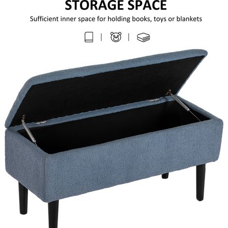 Banquette rembourrée à dossier capitonné avec coffre de rangement, aspect cachemire, charge max 120 kg, cadre en bois massif, 95 x 38 x 45 cm, bleu