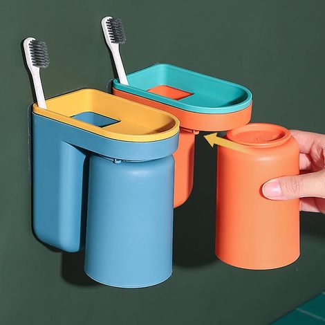 Set mit 2 Kinderzahnbürstenhaltern, wandmontierter Badezimmerzahnbürstenhalter, blau und orange. (1/5)