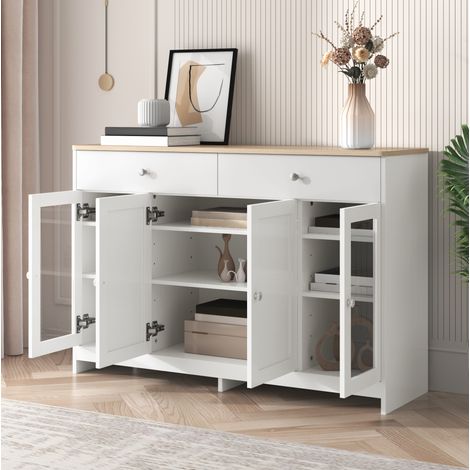 Credenza 120x37x80 cm bianco e legno in MDF con 4 ante, 2 cassetti e ripiani regolabili (1/5)