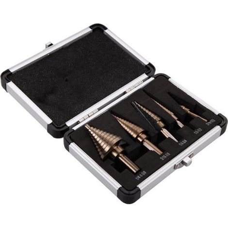 Coffret de 5 forets étagés multi-trous en acier rapide, 50 tailles au total, avec boîte en aluminium (1/4)
