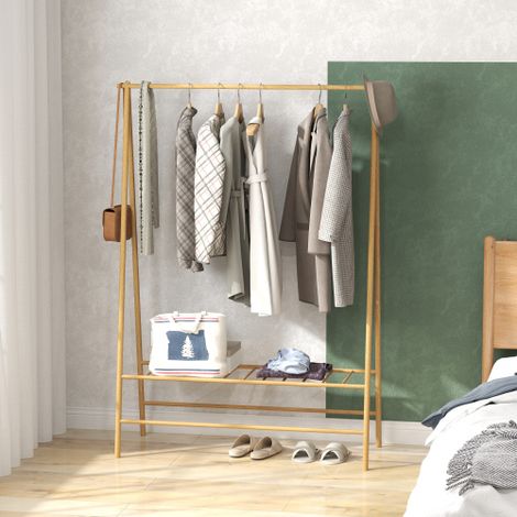 Porte-manteau en bambou naturel robuste, portant à vêtements avec étagères et crochets, barre de suspension multifonction, design sain pour entrée salon chambre (1/3)