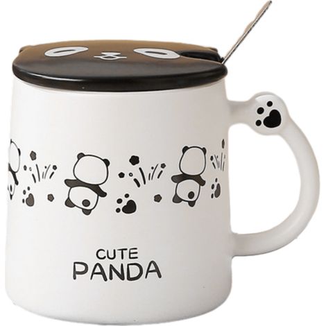 1 Mug avec couvercle et cuillère, céramique 370 ml, motif panda, pour café et thé, usage bureau et maison (1/5)