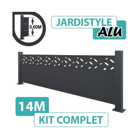 Kit Clôture Aluminium Gris Anthracite 14M - Design - Sur Platines - 0,60 mètre