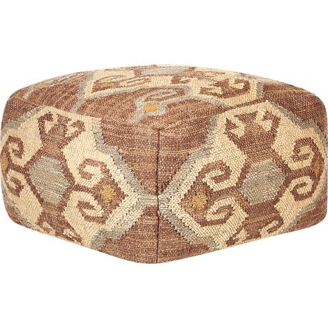 Puf de yute rojo beige 50 x 50 cm reposapiés lana patrón geométrico Urpad