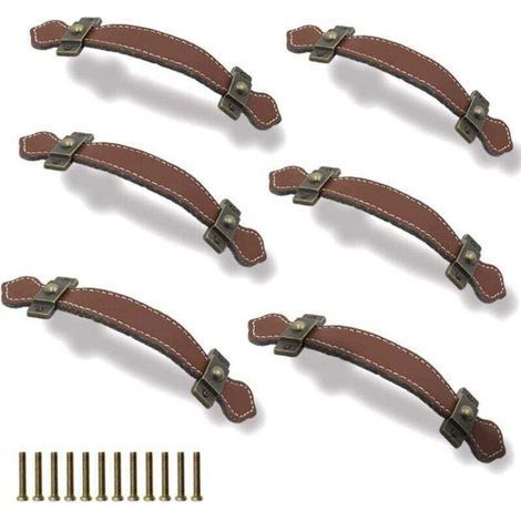 6 Pieces Leather Drawer Handles 128mm Vintage Suitcase Handle Cupboard Furniture Handle with Screws Brown (1/4)