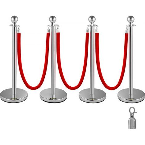 Edelstahl Absperrpfosten Seil Abgrenzungsständer Kugelkopf 3 Rote Samtseile Silberne Säule 4 Packung Crowd Control Barriers (1/5)