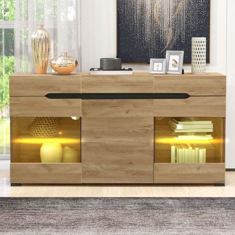 Sideboard aus Spanplatte in Eiche mit LED, 140 x 35 x 80 cm, 3 Türen und 3 Schubladen (1/5)