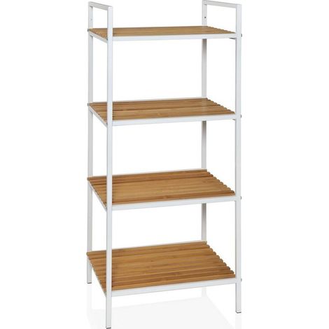 Étagère salle de bain bambou et métal blanc style industriel - Blanc et bambou naturel (1/2)