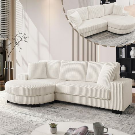 Canapé angle L – 4 places – 256,5x133,5x89cm – Velours côtelé – Pouf ovale – 2 coussins – Beige – Salon/Appartement/Bureau (1/5)