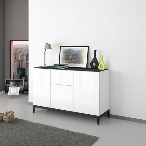 Dmora Aparador moderno con 3 puertas y 1 cajón, Made in Italy, Aparador de cocina elevado, Buffet de diseño de salón, Cm 120x40h82, Blanco brillo y Pizarra, con embalaje reforzado (1/5)