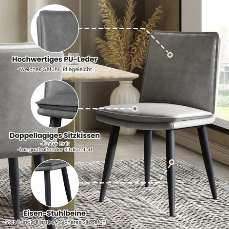 2 chaises salle à manger en polyuréthane, coussins double épaisseur, confortables et moelleuses, style moderne, gris — salon, café, cuisine (1/4)