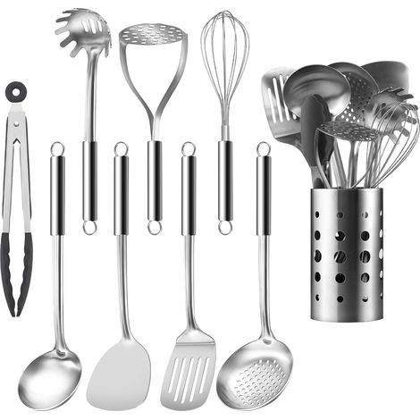 Ustensiles de Cuisine, 9 Pièces Ustensiles de Cuisine inox, Cuisine Accessoires avec Louche, Écumoire, spatule cuisine, spatule inox, Serveur de pâtes, presse-purée, fouet (1/5)