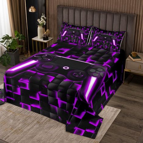 Jeux Vidéo Dessus de Lit 170x230 Jeux Couverture de Lit Jeux Couvre-Lit Enfants Garçons Filles Adolescents,Noir Violet Plaid Poignée de Jeu Literie Set Néon Décoration Géométrique - 170x230cm (1/5)