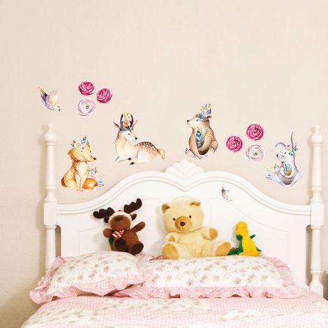 Stickers muraux Sticker Mural Autocollant - ANIMAUX ET ROSES DES BOIS - adhésifs fond transparent - 20x20cm (1/4)