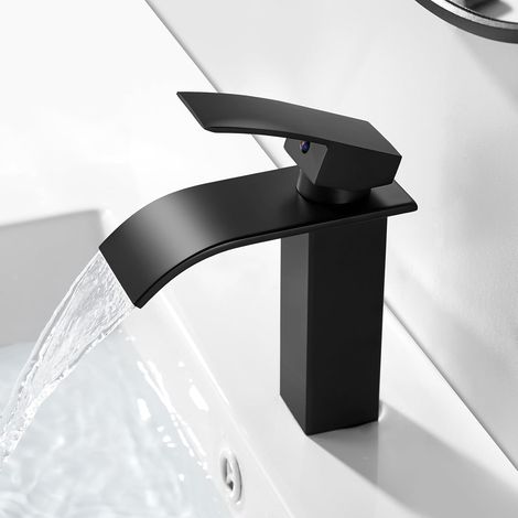 Mitigeur Lavabo Noir Cascade avec Bec Hauteur 10cm, Robinet de Salle de Bain en Laiton (sans Bonde, sans Tirette de Vidage), Eau Chaude et Froide Disponible, Robinet Monocommande Lavabo Noir (1/5)