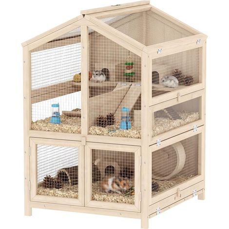 Cage en bois pour hamster naturelle 3 niveaux avec biberons, maisons, jouets et plateau amovible, habitat spacieux et naturel design