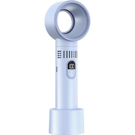 Ventilateur portable rechargeable sans pales, 3 vitesses réglables, comprenant une base et un indicateur de niveau de batterie LED bleu (1/4)
