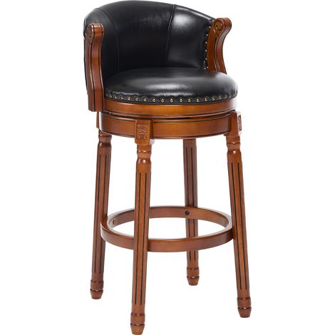 Sgabello da bar girevole 360° in pelle e legno con schienale, altezza seduta 74,9 cm, nero MODENUIT (1/5)