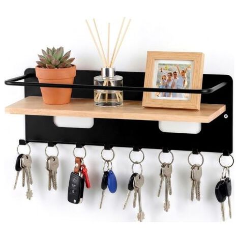 1 - Porte-clés - Étagère murale - 8 crochets en bois et acier - Organisation pour entrée et salon - Naturel - 60x20cm-Chrom (1/5)