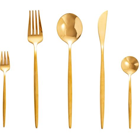 Set couverts de table acier inox dorés service, or avec couteaux fourchette et cuillère, Design légère (1/5)