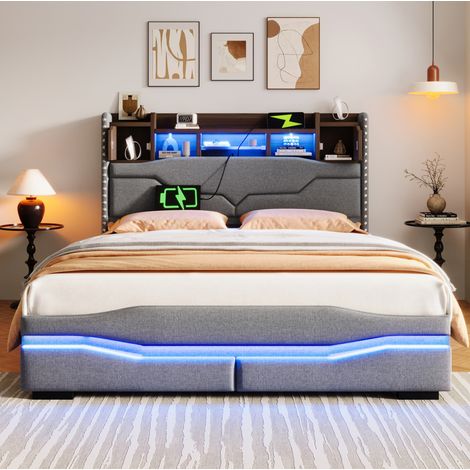 Letto contenitore 140x200 cm grigio in lino e MDF con LED, prese USB e sollevamento idraulico (1/5)